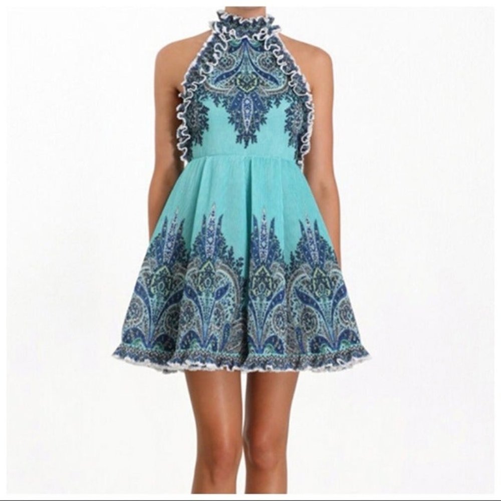Mint Green & Blue Ruffle Short Pleated Full Dress